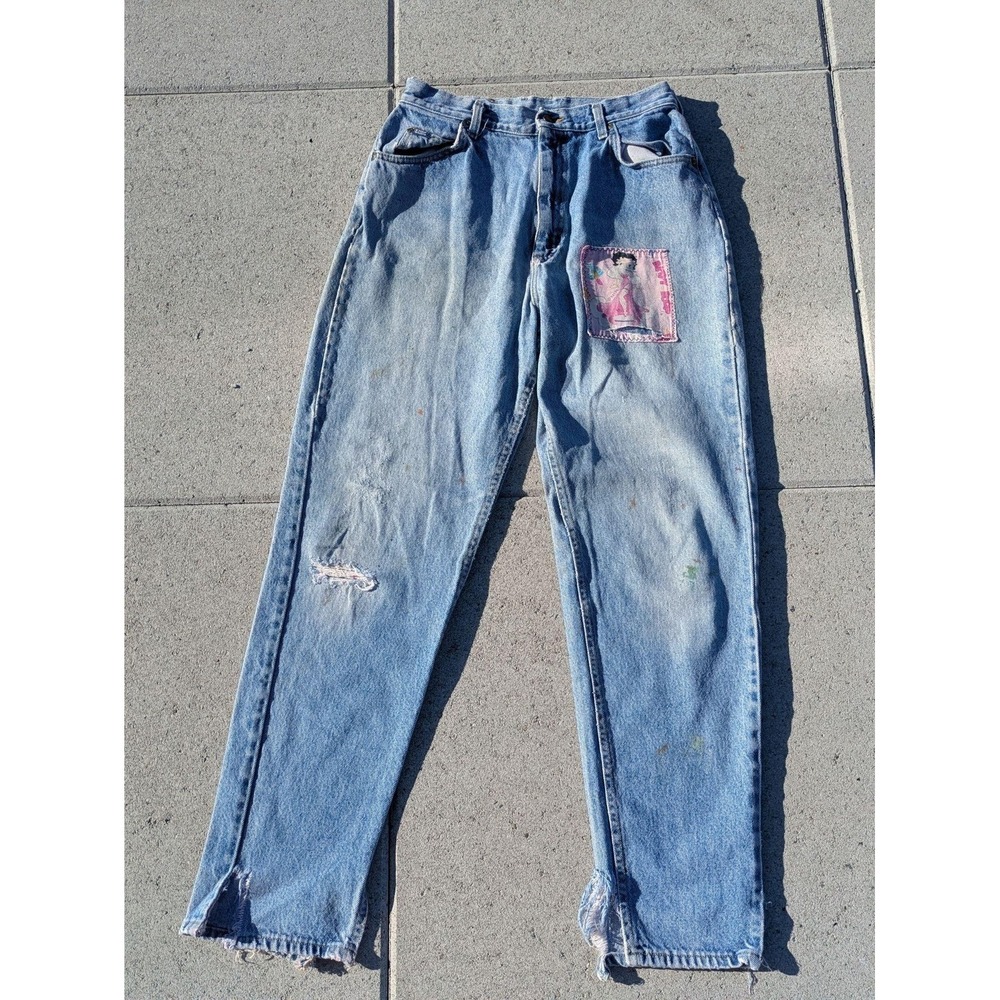 Vintage Lee Jeans 30x32 Blue Denim Straight Betty Boop Patch Custom Thrashed 90s